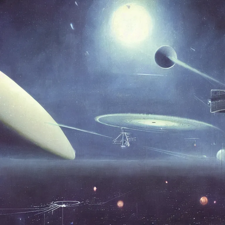 Prompt: “long umbrella space stations above a wispy hazy cloudy atmosphere of the planet Venus against a dark starry sky, space elevator, radio antenna, sci-fi concept art, by John Harris, by John Berkey, 8k beautiful image, highly detailed painting”