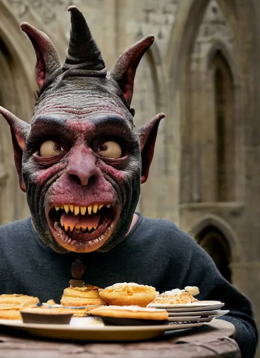 Image similar to closeup portrait of a medieval goblin eating cakes in the cloisters, depth of field, zeiss lens, detailed, symmetrical, centered, fashion photoshoot, by Annie Leibovitz and Steve McCurry, David Lazar, Jimmy Nelsson, Breathtaking, 8k resolution, extremely detailed, beautiful, establishing shot, artistic, hyperrealistic, beautiful face, octane render