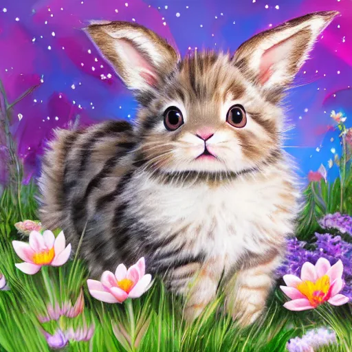 Image similar to hybrid animal mix between cute fluffy tan lop eared bunny rabbit and fluffy grey striped tabby kitten in spring meadow landscape with pond detailed painting 4k