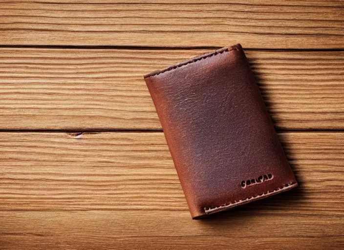 Image similar to clear highly detailed photorealistic topdown mockup product photograph of a realistic wallet on a wooden background