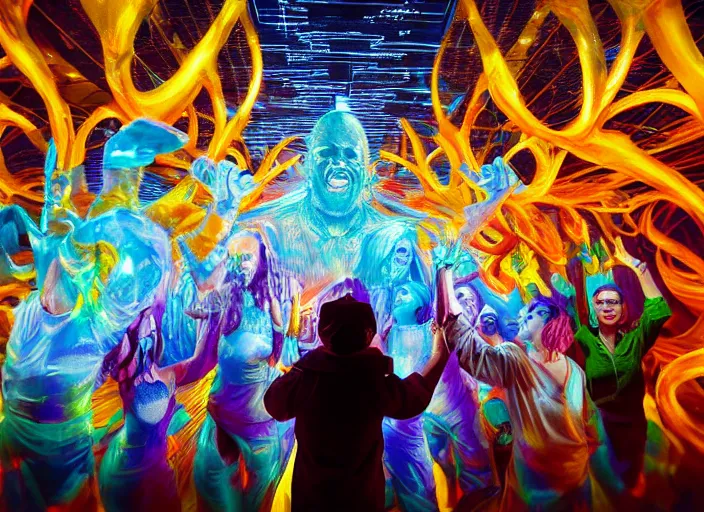 Image similar to cinematic shot cyberspace people of creativity, large translucent art statues, magic art flowing from hands, hyper realistic, mood lighting, fantasy, detailed happy people creators of collective art, hands in the air, diverse big art, highly detailed, super realistic, perfect lighting pixel sorting