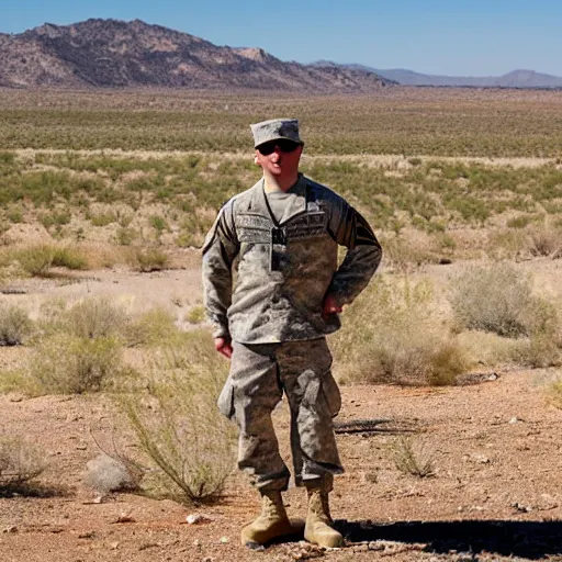 Prompt: us military soldier standing next to crashed ufo wreckage stainless steel metal professional portrait photo new mexico sonora desert in background