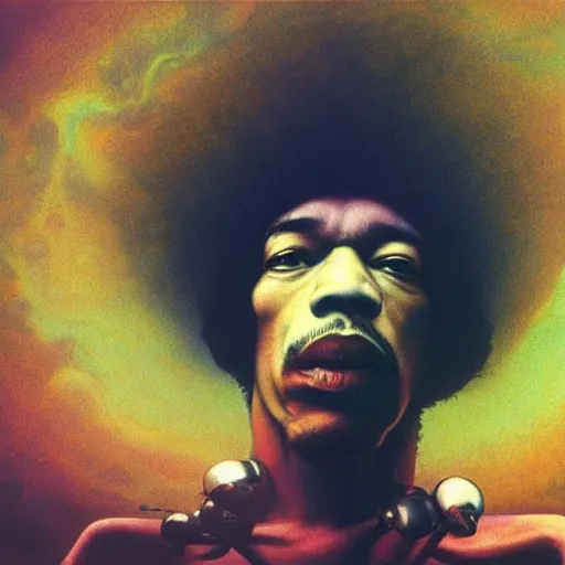 Image similar to ultrawide angle colour masterpiece surreal closeup portrait photography of jimi hendrix playing on stage by miho hirano and annie leibovitz and michael cheval, weird surreal epic psychedelic complex biomorphic 3 d fractal landscape in background by kilian eng and roger dean and salvador dali and beksinski, 8 k