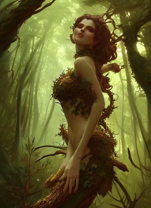 Image similar to a cute forest elemental, with fingers, fantasy, intricate, elegant, highly detailed, digital painting, artstation, concept art, wallpaper, smooth, sharp focus, illustration, art by artgerm and greg rutkowski and alphonse mucha