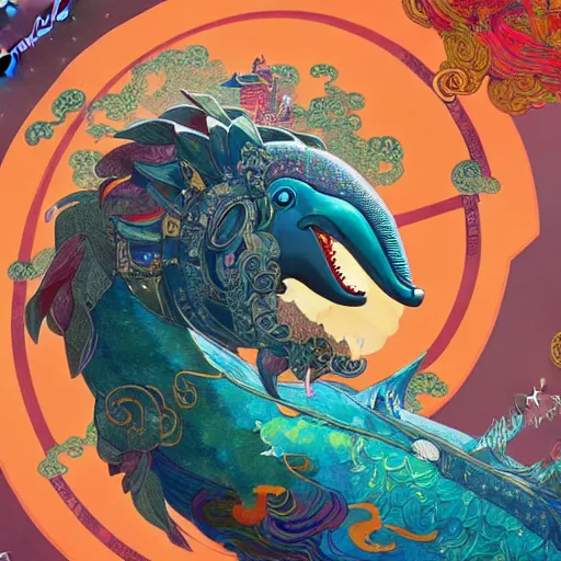 Image similar to a beautiful hyperdetailed character design 4 k wallpaper illustration of a cute dolphin with a chinese lion dance head victo ngai cyberpunk style, from china, style of studio ghibli, makoto shinkai, raphael lacoste, louis comfort tiffany, artgerm, james jean, ross tran, chinese style