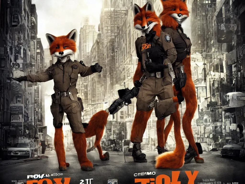 Image similar to movie poster anthro fox furry in the tv show 24, wearing an awesome uniform, city streets, fursona, anthropomorphic, furry fandom, film still