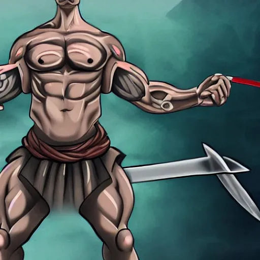 Image similar to muscular bald man, tattooed body, sword in hands, HD, anime style,