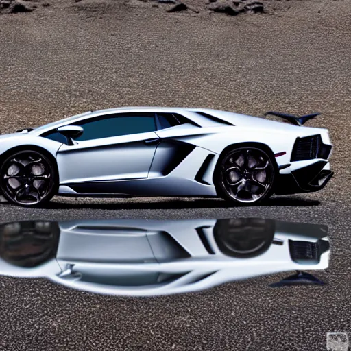 Image similar to A beautiful silver Lamborghini aventador on the beach, 8k, realistic reflection