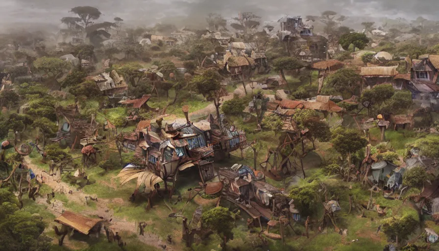 Prompt: An old flying village in Africa, hyperdetailed, artstation, cgsociety, 8k