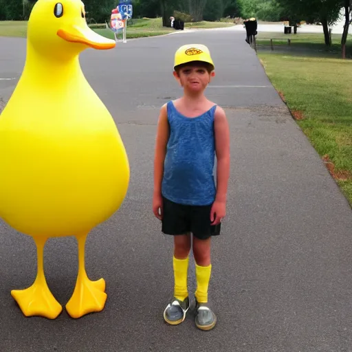 Prompt: a yellow human sized duck standing next to a children's lemonade stand