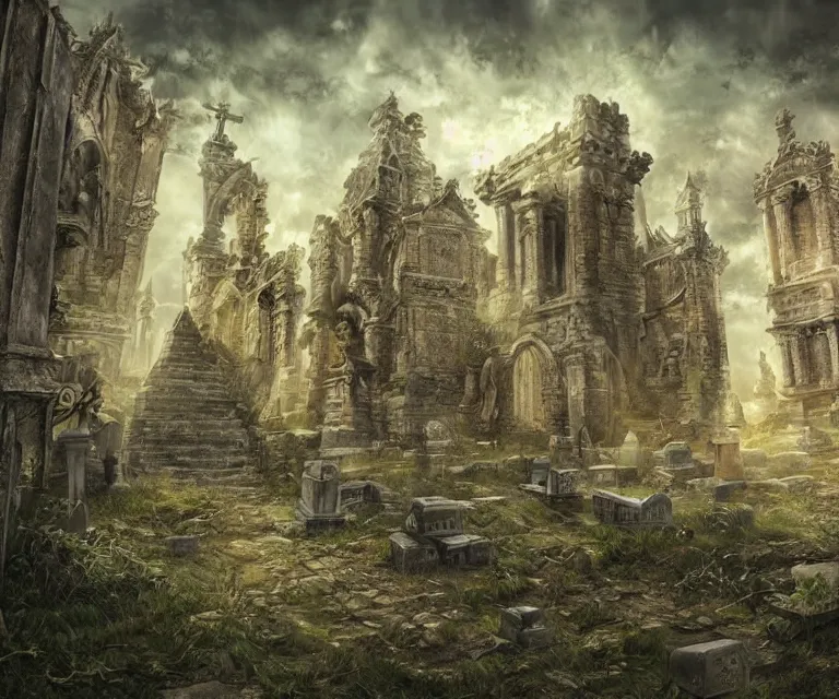 Prompt: a city of tombs and tombstones, graveyard landscape, giant grave structures, giant tomb structures, dark fantasy, digital art, fantasy art