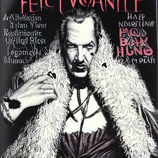 Image similar to vincent price as billionaire howard hughes in long black feathered cloak, black hands tipped with black claws, feathers growing out of skin, at opulent desk, comic book cover, vivid, mike mignogna, illustration, highly detailed, rough paper, dark, oil painting