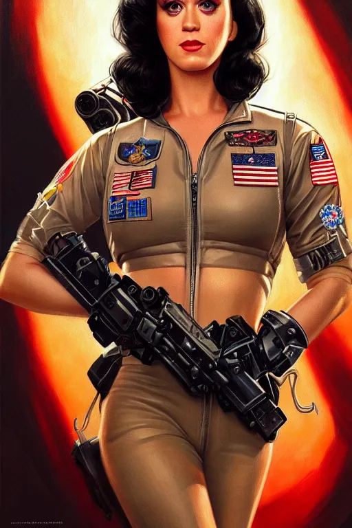 Image similar to katy perry in the movie top gun, realistic portrait, symmetrical, highly detailed, digital painting, artstation, concept art, smooth, sharp focus, illustration, cinematic lighting, art by artgerm and greg rutkowski and alphonse mucha