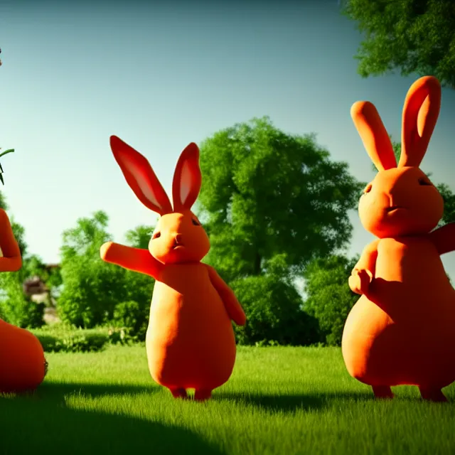 Image similar to photograph of giant rabbits eating humanoid carrot - people in the garden full cinematic scene, 4 k realistic photorender