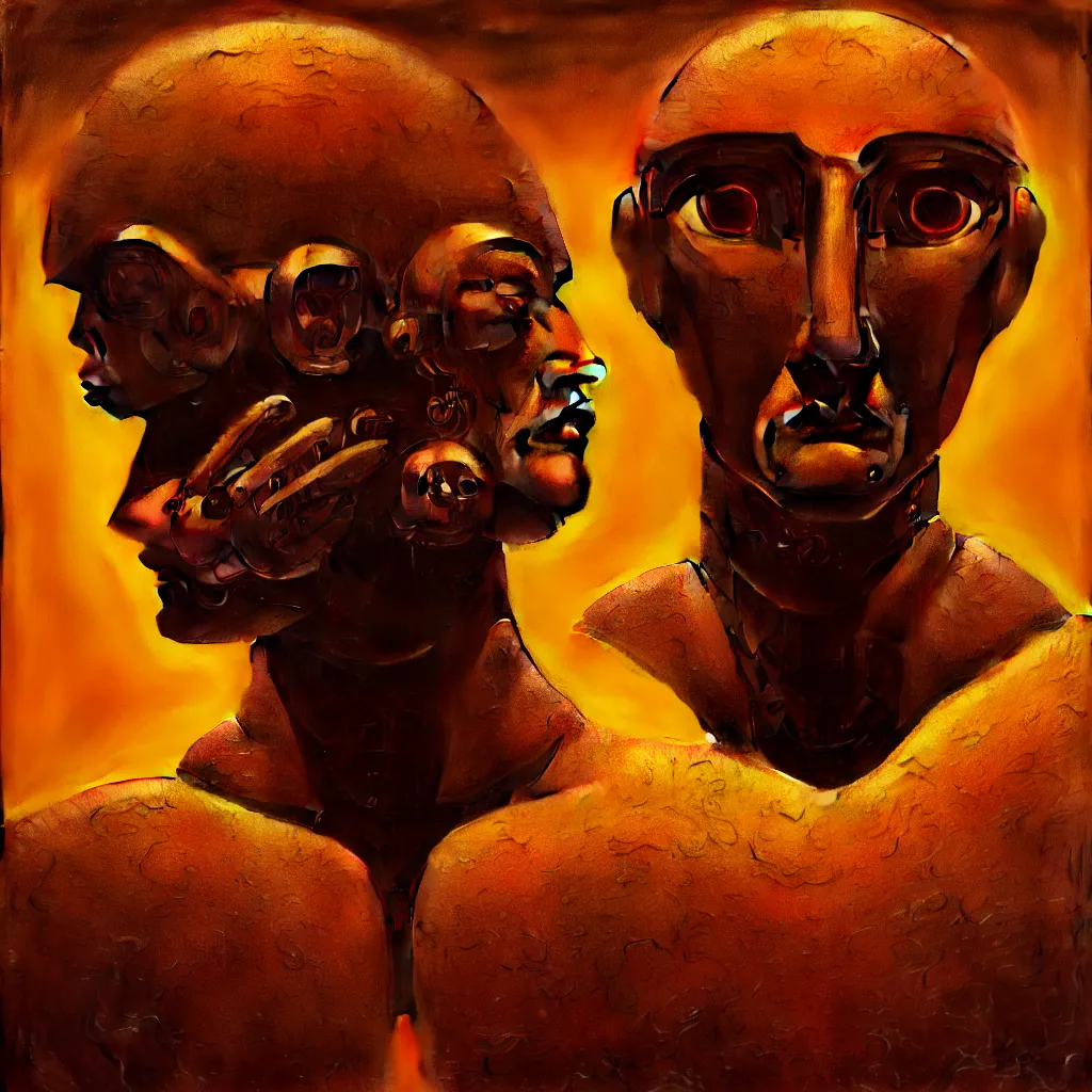 Image similar to cinematic bust portrait of psychedelic god robot from left, head and chest only, robotic improvements, part of Moebius, part of maxfield parrish, part of Thomas Ehretsmann,, oil on canvas, masterpiece, trending on artstation, cinematic composition, dramatic pose, beautiful lighting, sharp, details, hyper-detailed, volumetric lighting 4K