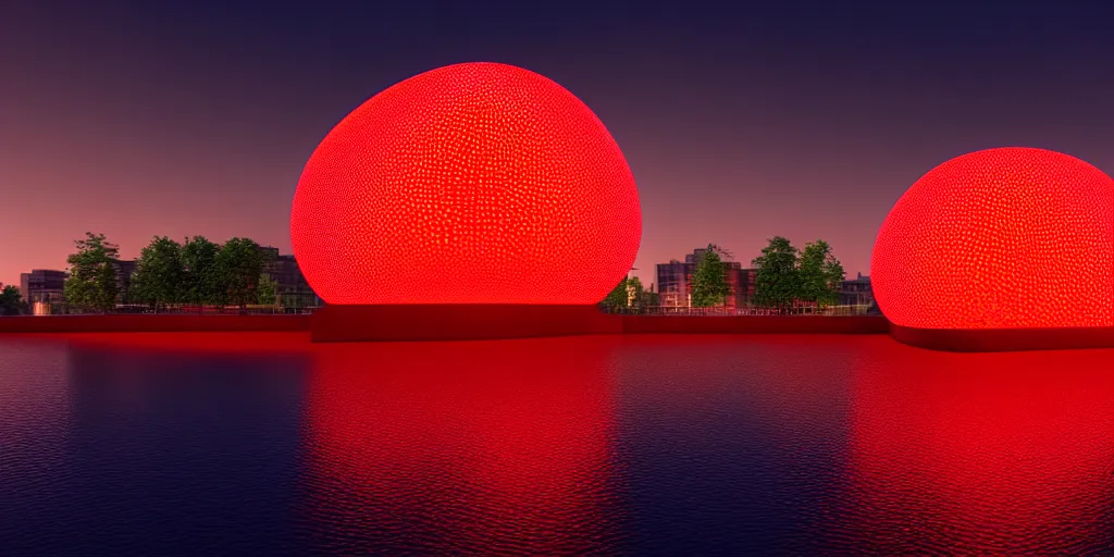 Prompt: A beautiful architectural rendering of a blob shaped trypophobia house with a mysterious red glow emitting from inside in a modern cityscape next to a river, stunning, gorgeous, golden ratio, photorealistic, featured on artstation, 4k resolution