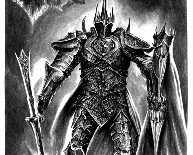 Image similar to sauron in full armour, concept art by mike ploog, greyscale,