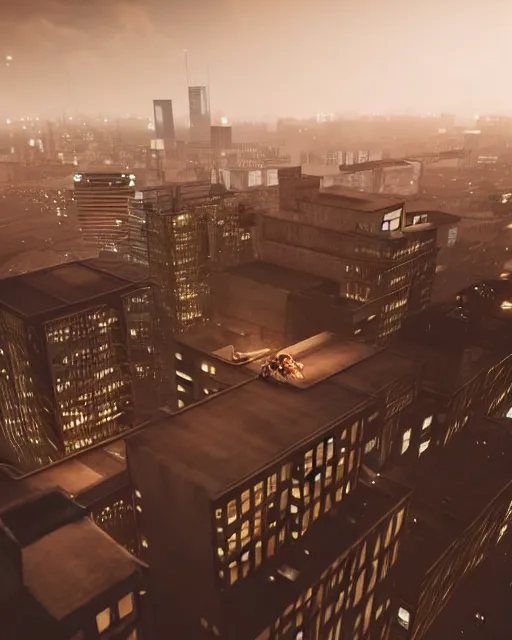 Prompt: a night rooftop scene, close up shot of a photorealistic gangster wearing a trench coat looking at the city below, unreal engine, hyper realism