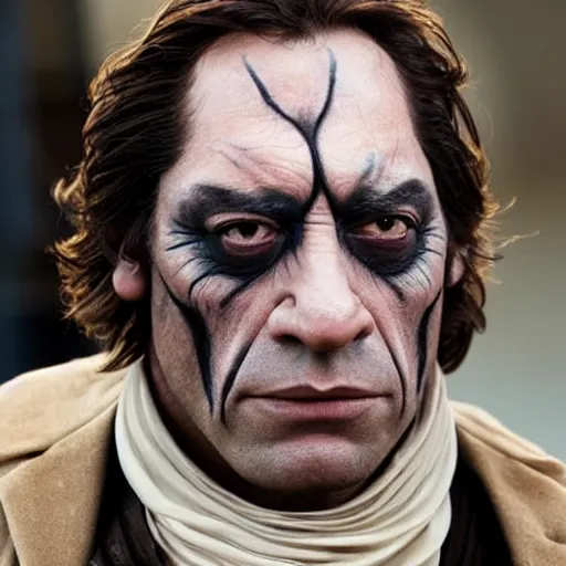 Image similar to Javier Bardem in full makeup and prosthetics for new Star Wars villain Jowdy Hooba, film still, detailed, 4k