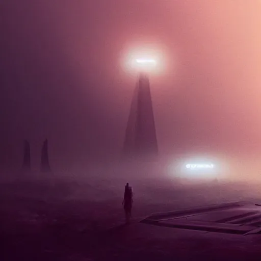 Image similar to giant futuristic cyberpunk spacecraft, blade runner, dense fog, bloom, cinematic lighting, ultra detailed, trending on artstation, dune style, mid tone, denis villeneuve