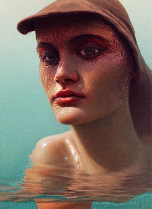 Image similar to extreme closeup portrait of a beautiful woman half submerged in water, horrified look in his eyes, dirt helmet, water reflection, sigma 85mm, highly detailed, soft lighting, elegant,sigma 85mm, Edward Hopper and James Gilleard, Zdzislaw Beksinski, Steven Outram, highly detailed