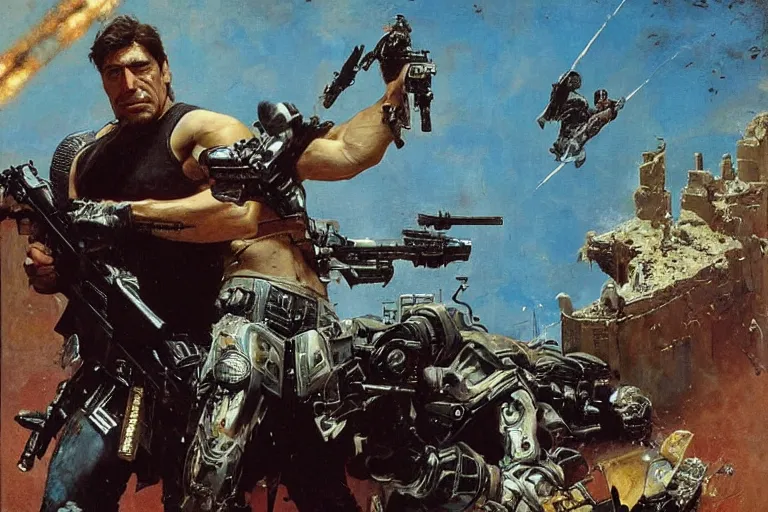 Image similar to portrait of javier bardem as the punisher blasting a hell baron with a shotgun, john berkey, lawrence alma tadema, rick berry, norman rockwell, doom, arstation, greg rutkowski