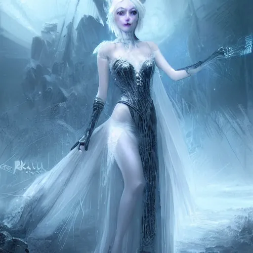 Prompt: kerli koiv as a ice queen full ball gown dress frozen eylashes, darkwave, darksynth, concept headshot art, sharp, digital matte painting, art by luis royo, greg rutkowski, wlop, dramatic lighting, trending on artstation