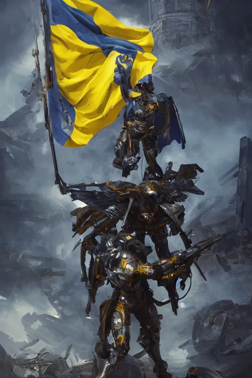 Image similar to A cinematic shot from behind, military super soldier with angel wings with a blue and yellow flag behind him is standing on a pile of skulls in triumph, concept art, сinematic lighting, insanely detailed, smooth, sharp focus, Artstation, 8k, unreal engine, hyper realistic, steampunk style, bright background, moonlight, volumetric lighting, wallpaper, digital illustration by Ruan Jia and Mandy Jurgens and Artgerm and Wayne Barlowe and Greg Rutkowski and Zdislav Beksinski