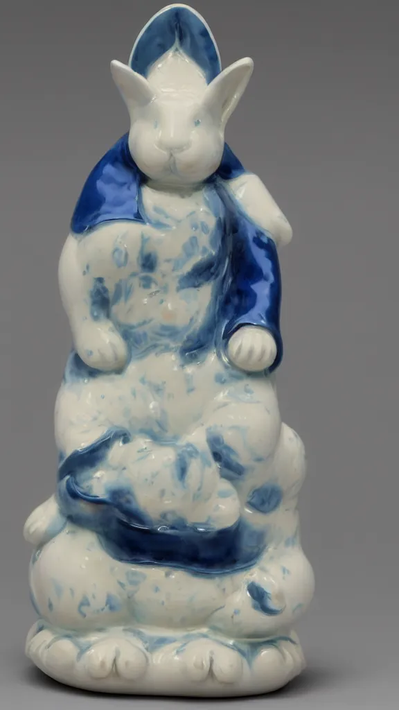 Image similar to porcelain rabbit budda statue with blue arabesque details painted by john singer sargent