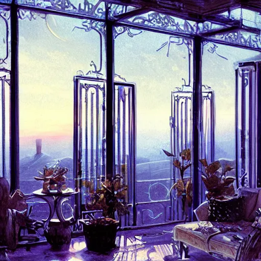 Prompt: painting of syd mead artlilery scifi balcony with ornate metal work lands on a farm, fossil ornaments, volumetric lights, purple sun, andreas achenbach