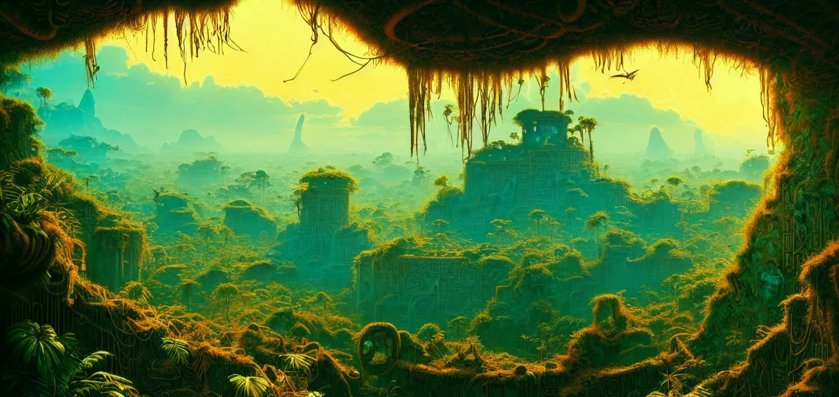 Prompt: post - minimalism portrait of a jungle ruin labyrinth bird's eye view, golden clouds, vibrant turquoise color scheme, highly detailed, in the style of romanticism, cinematic, artstation, moebius, greg rutkowski