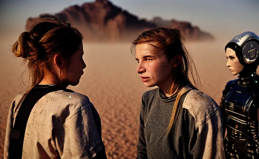 Image similar to cinestill 5 0 d photographic portrait by helen levitt of a female android couple wearing rugged black mesh techwear on a desolate plain, extreme closeup, modern cyberpunk, dust storm, 8 k, hd, high resolution, 3 5 mm, f / 3 2, ultra realistic faces, ex machina