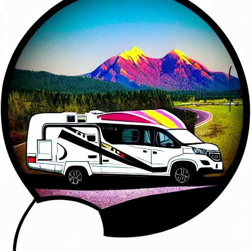 Image similar to white and black cute thor chateau motorhome camper, highway, mountains and sunset!!, everything enclosed in a circle, happy, professional colorful etching illustration, logo