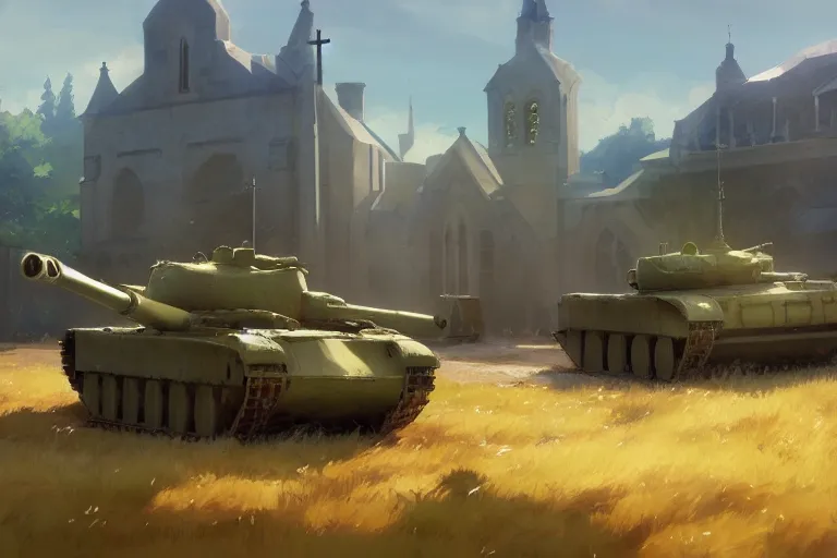 Image similar to a tank with a church instead a gun plattform, scene in an open field. key visual, conceptart, ambient lighting, highly detailed, digital painting, artstation, concept art, sharp focus, by makoto shinkai and akihiko yoshida and greg manchess