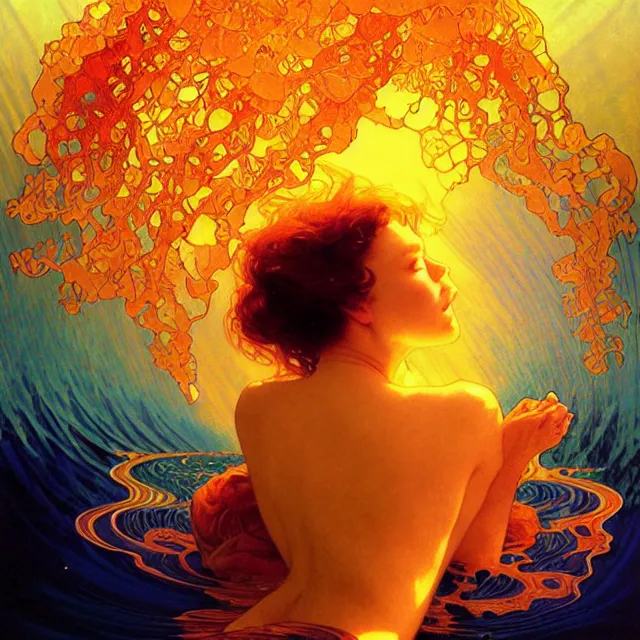 Image similar to transcendent mind bending indigo waves of glossy psychedelic liquid honey flowing like kaleidoscopic translucent amber, lsd waves, honey ripples, enlightenment, dramatic professional lighting, refracted sunset lighting, art by collier, albert aublet, krenz cushart, artem demura, alphonse mucha