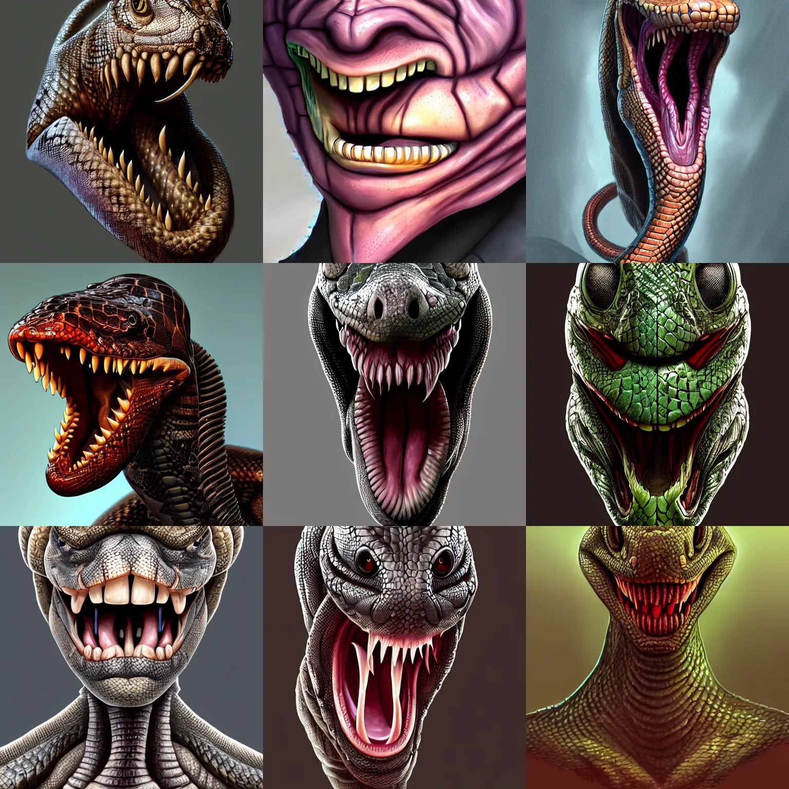 Prompt: a human with a long lizard tongue, snake eyes, digital art, concept art, trending on artstation, very detailed, slimey, 8 k hd