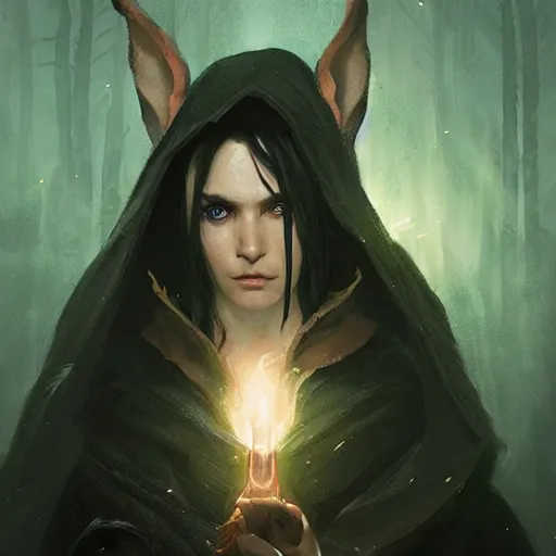 Prompt: portrait of a elf with glowing eyes, black hair, wearing a dark green cloak, concept art, cinematic lighting, detailed face, highly detailed, painting by greg rutkowski