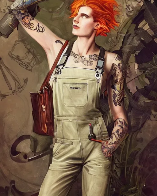 Image similar to a full body portrait beautiful androgynous punk girl with short hair and beautiful eyes, beautiful face, who is a mechanic wearing overalls with a utility bag, digital concept art, detailed digital painting, ornate decorative background, very aesthetic!!!!!!, by j. c. leyendecker and edward blair leighton and charlie bowater, trending on artstation