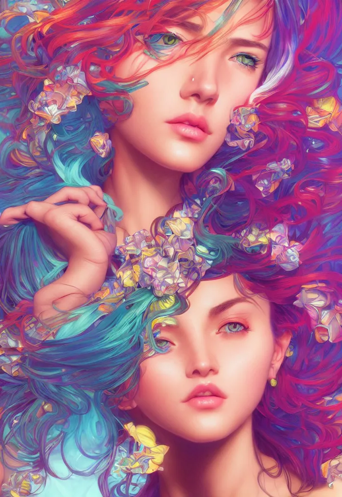 Image similar to beautiful, young woman, detailed gorgeous face, vaporwave aesthetic, synthwave, colorful, psychedelic, artstation, concept art, smooth, extremely sharp detail, finely tuned detail, ultra high definition, 8 k, unreal engine 5, ultra sharp focus, illustration, art by artgerm, greg rutkowski and alphonse mucha