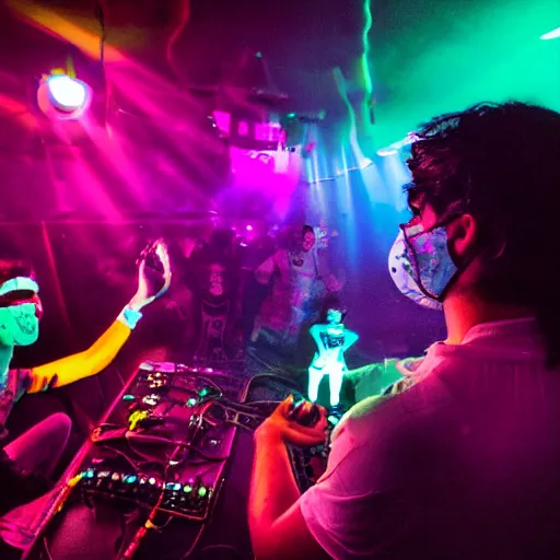 Image similar to scandy and arender playing a live gig at night time with masks on, beautiful girls, colored lights, stroboscope, huge led visuals, rave lights, heavy fog machine, no faces visible, outdoor rave, techno, huge crowd on drugs, ecstatic crowd, photorealistic photography