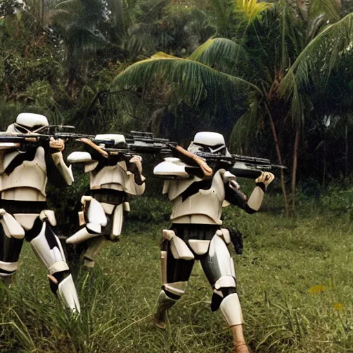 Image similar to star wars clone troopers combat soldiers in vietnam, photo, old picture, lush landscape, jungle, firearms, explosions, helicopters, aerial combat, active battle zone, flamethrower, air support, jedi, land mines, gunfire, violent, star destroyers, star wars lasers, sci - fi, jetpacks, agent orange, bomber planes, smoke, trench warfare