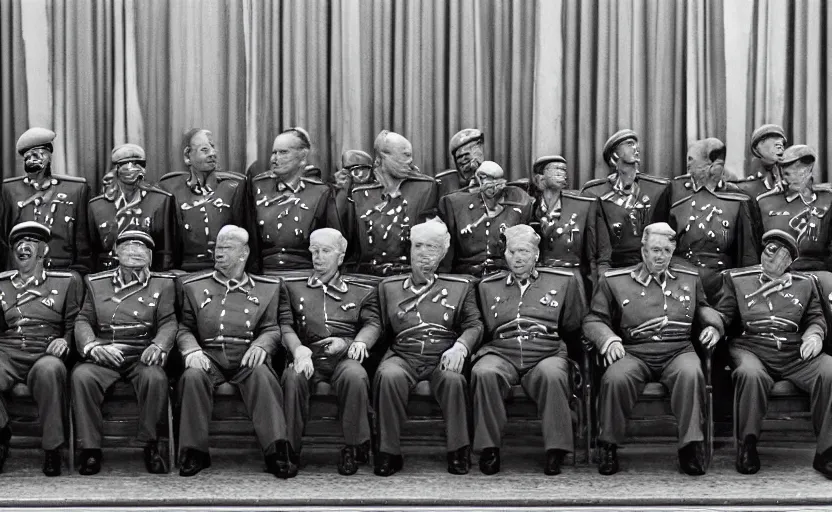 Image similar to 50s movie still of very diverse soviet generals head with very detailed faces in a stalinist parlement, by Alexei Guerman, Cinestill 800t 35mm black and white, heavy grainy picture, very detailed, high quality, 4k, HD criterion, precise texture, face diversity, haircut diversity, age diversity