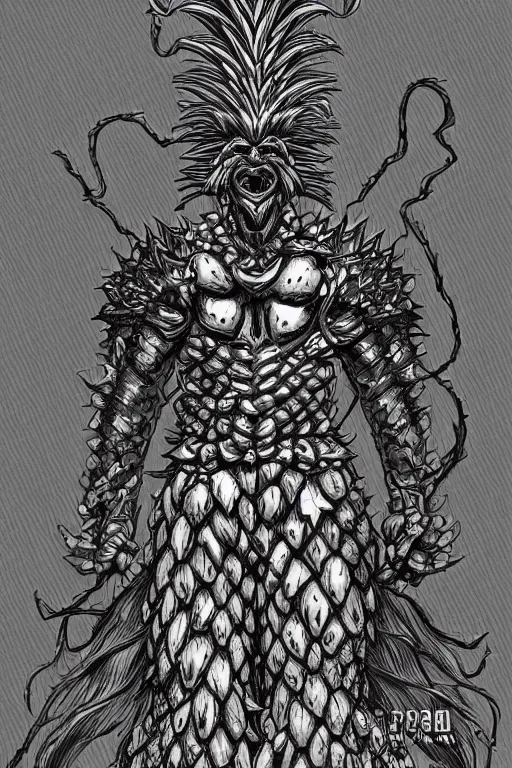 Image similar to pineapple humanoid figure monster wearing pineapple themed armour, symmetrical, highly detailed, digital art, sharp focus, trending on art station, kentaro miura manga art style