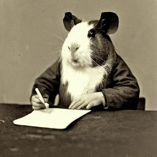 Image similar to a 1 9 th century photograph of a guinea pig writing a letter