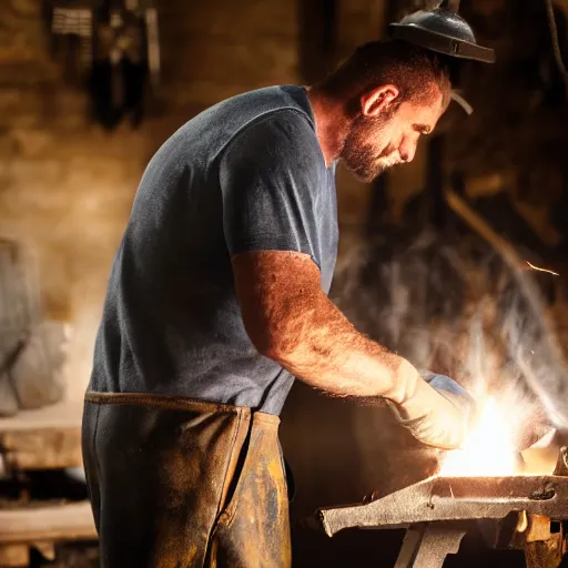 Prompt: A blacksmith working at his anvil in a dark, smoke-filled workshop, 100mm lens, very detailed, no blur, sharp focus, realistic