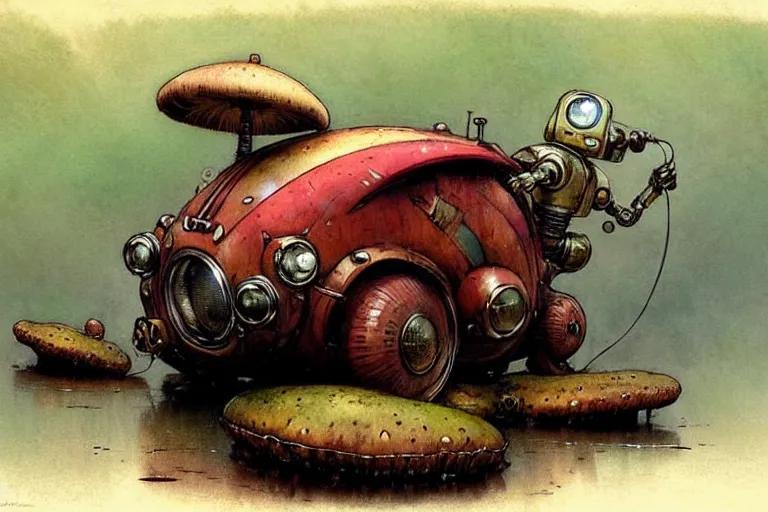 Image similar to adventurer ( ( ( ( ( 1 9 5 0 s retro future robot fat mouse amphibious vehical home. muted colors. swamp mushrooms ) ) ) ) ) by jean baptiste monge!!!!!!!!!!!!!!!!!!!!!!!!! chrome red