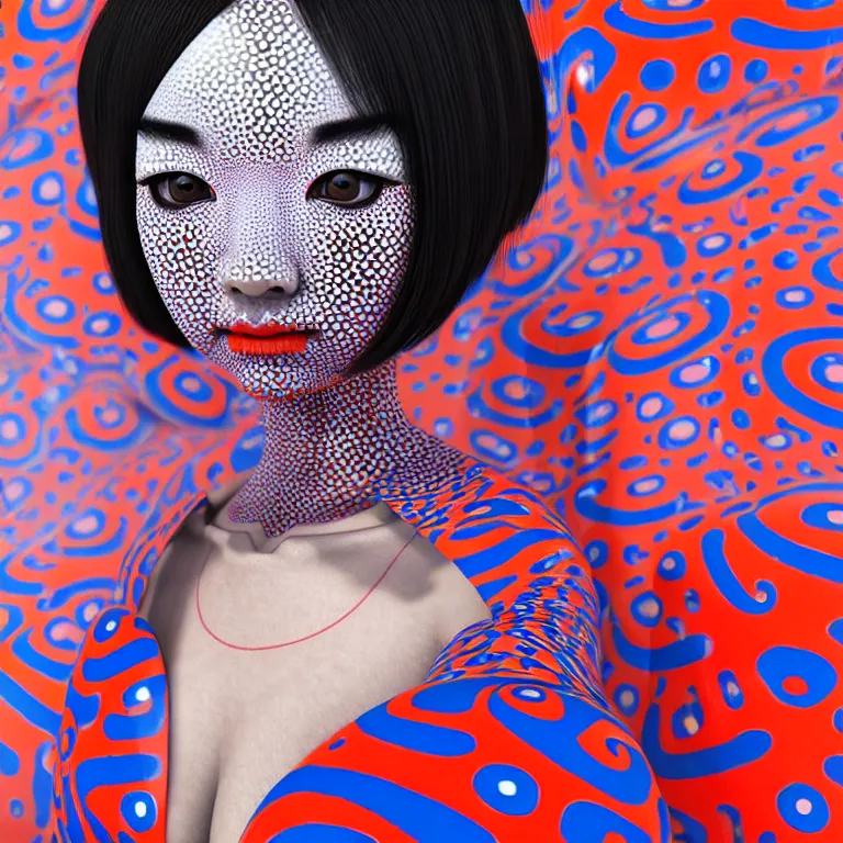 Image similar to hyperrealistic detailed image of a geisha in a art installation room, hd smooth interior by yayoi kusama, part by kei mieno, part by ross tran, dark art by james jean, ultra realistic, highly detailed, life like face, detailed body, 8 k, 3 d render by roger magrini, masterpiece