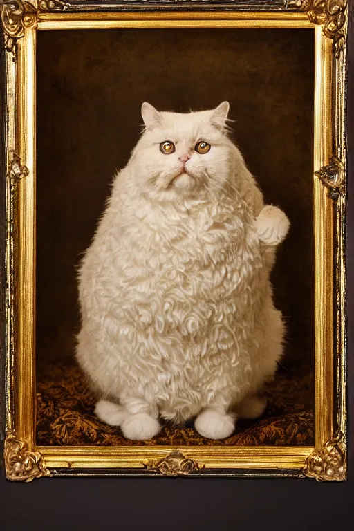 Image similar to a wet plate photo portrait of a magnificent fluffy fat royal cat on an embroidered velvet cushion on a neo - rococo gilded little bed, by david lachapelle, photorealistic, photography, wide shot