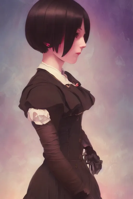 Prompt: a portrait of a cute Victorian maid with black bob cut hair, steampunk setting, vivid colors, soft lighting, atmospheric, cinematic, moody, in the style of Ilya Kuvshinov and Range Murata, Krenz Cushart, oil on canvas, 8k