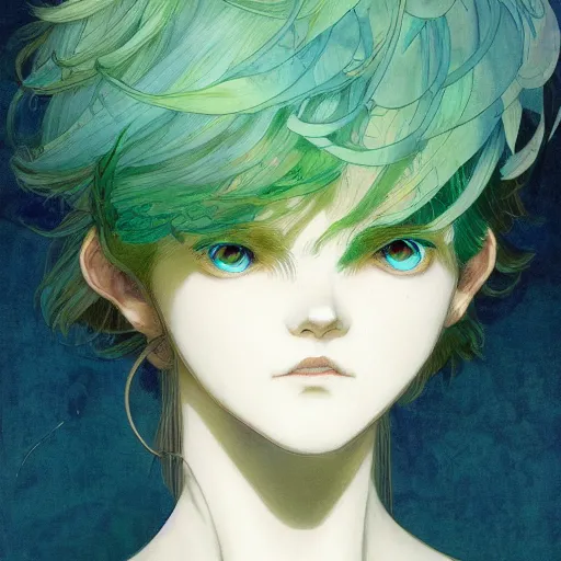 Prompt: prompt : ivory and blue and green portrait soft light painted by james jean and katsuhiro otomo and erik jones, inspired by evangeleon anime, smooth face feature, intricate oil painting, high detail illustration, sharp high detail, manga and anime 1 9 9 9